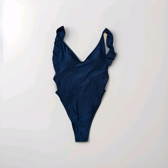 Aerie Cheeky Swimsuit One Piece Womens Medium Blue Long Ruffles Beach Pool - Picture 1 of 8